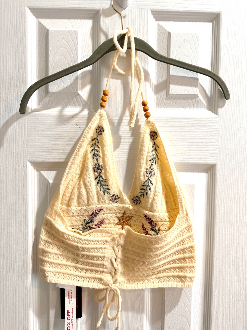 Cream Fairycore Embroidered Crochet Halter Crop Top w/Mushroom & Vine Design M - Picture 7 of 10